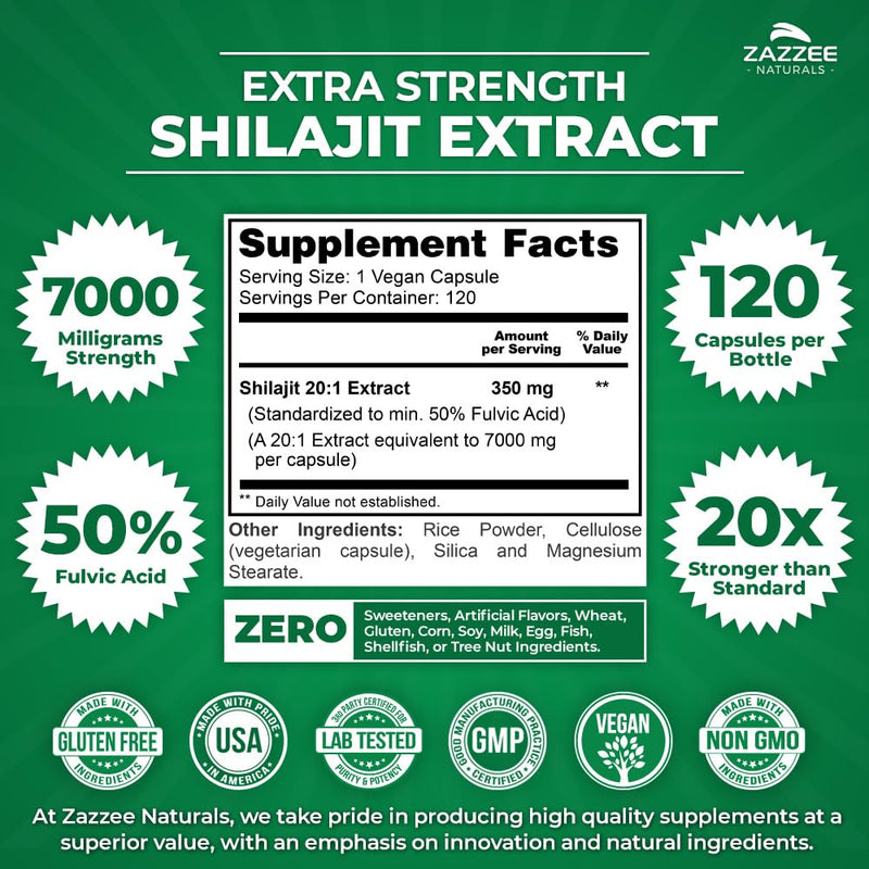[Australia] - Zazzee 100% Pure Organic Himalayan Shilajit 20:1 Extract, 7000 mg Strength per Capsule, 50% Fulvic Acid, 120 Servings per Bottle, 20X Potency, Rich in Trace Minerals, Non-GMO, Vegan, Made in The USA 