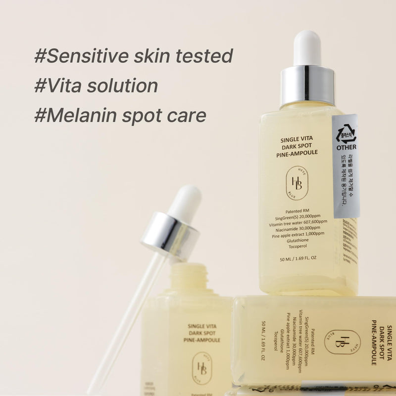 HEVEBLUE Single Vita-Dark Spot Pine-Ampoule, Brightening Care Serum with Pineapple Extract & Vitamin Tree Water, Improves Skin Tone & Texture, Korean Skincare