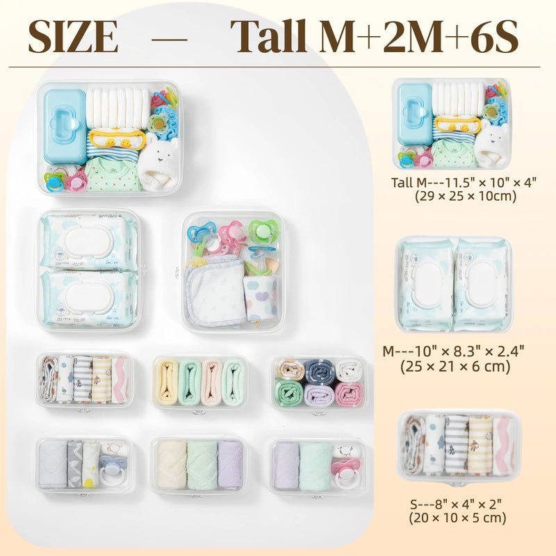 9 pcs Zipper Pouches Nesting Set, Hard Shell Toiletry Bag | Stackable Travel Organizer, Cosmetic Bags, Transparent Diaper Bag, Storage Cases (1 Tall M + 2M + 6S) White 1Tall M+2M+6S