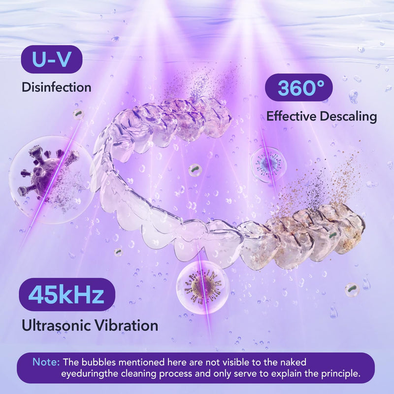 [Australia] - Ultrasonic Retainer Cleaner 320ML, 45kHz Denture Cleaner with 4 Lamps, Dental Cleaning Pod for Mouth Guard, Aligner, Braces, Toothbrush Head, Jewelry Cloud White 