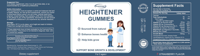 Heightener Growth Gummies 60 Count - Natural Growth Supplement for Children and Adolescents - Bone-Strengthening Vitamins (Contains Vitamins D3，K2，Calcium) - Tall Nutrition