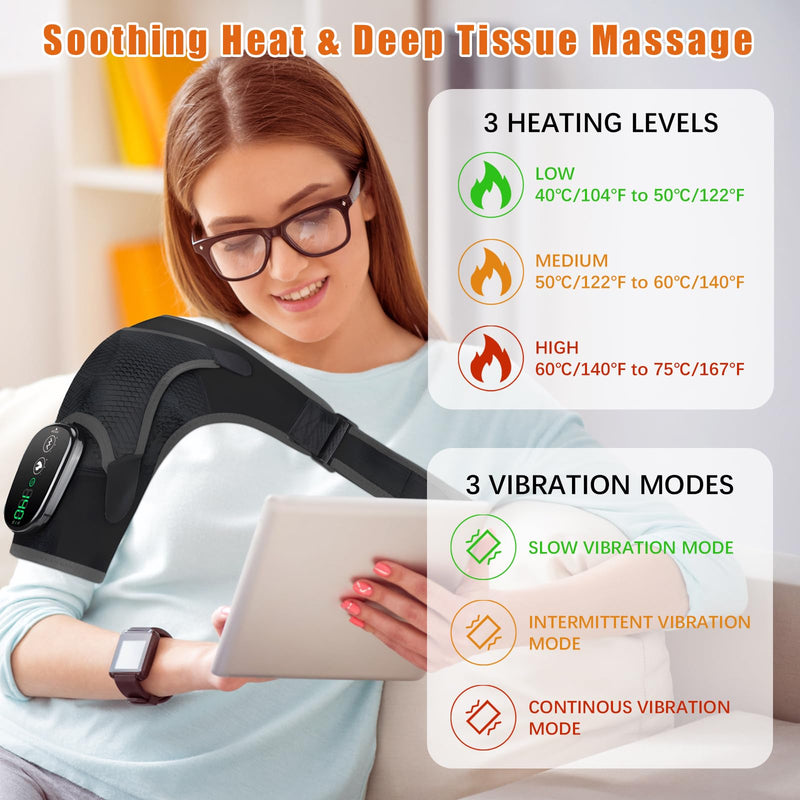 Shoulder Heating Pad with Massage, Shoulder Massager for Pain Relief | Cordless Heated Shoulder Wrap Massager, Rotator Cuff Heating Pad, Shoulder Brace for Men & Women