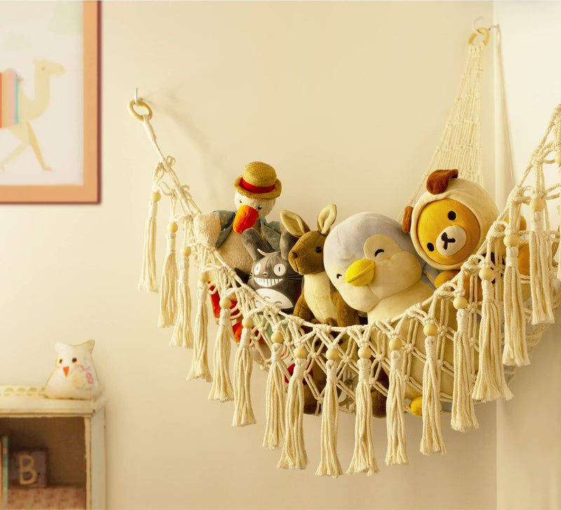 [Australia] - Stuffed Animal Toy Storage Hammock with LED Light - Macrame Jumbo Doll Corner Stuff Animals Organizer Decorations - Cute Hanging Plushie Net Kids Baby Nursery Bedroom Room Decor Beige L (39.5"*39.5"*48") 