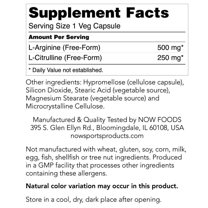 [Australia] - NOW Sports Nutrition, Arginine & Citrulline 500 mg/ 250 mg, Amino Acids, 240 Veg Capsules 