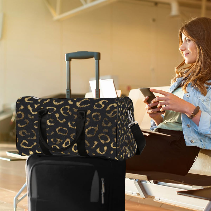 Pardick Travel Duffel Bag for Women Men Black Gold Leopard Cheetah Sport Gym Tote Bag Lightweight Weekender Overnight Bag Workout Bag Waterproof Foldable Carry on Luggage Handbag for Traveling Yoge A04:Black Gold Leopard