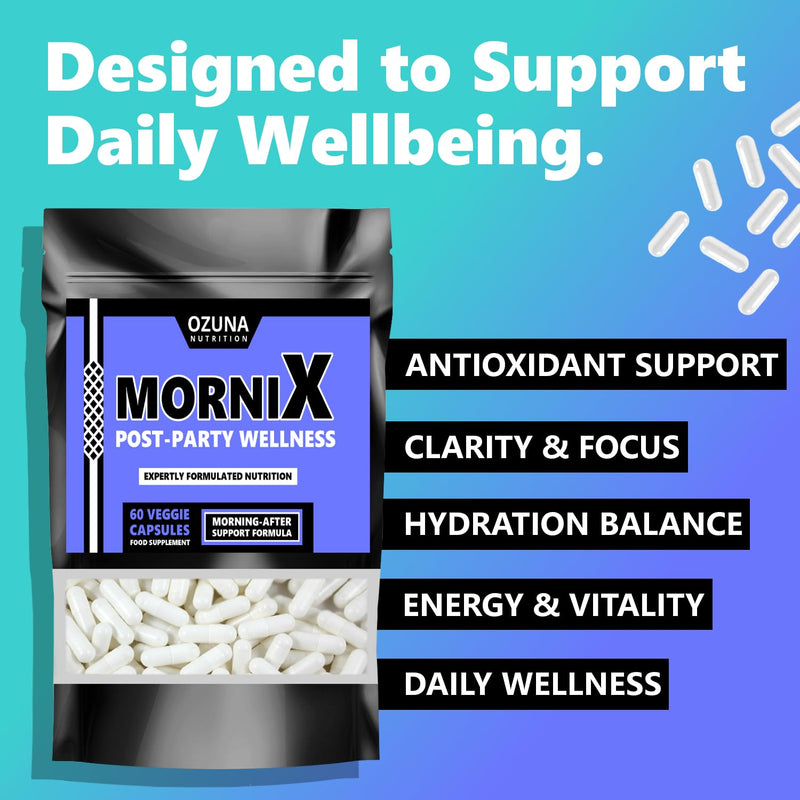 Mornix Morning Reset Supplement | Next-Day Wellness, Energy, Hydration & Vitality Support | NAC, ALA, Ashwagandha, Maca, Vitamins & Taurine – 60 Capsules