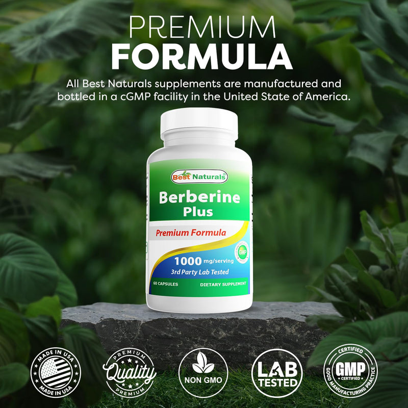 Best Naturals Berberine Plus 1000mg per Serving, (Non-GMO) 60 Capsules - Contains Berberine HCL 1000mg, Vitamin C 120mg & Zinc Gluconate 30 mg 60 Count (Pack of 1)