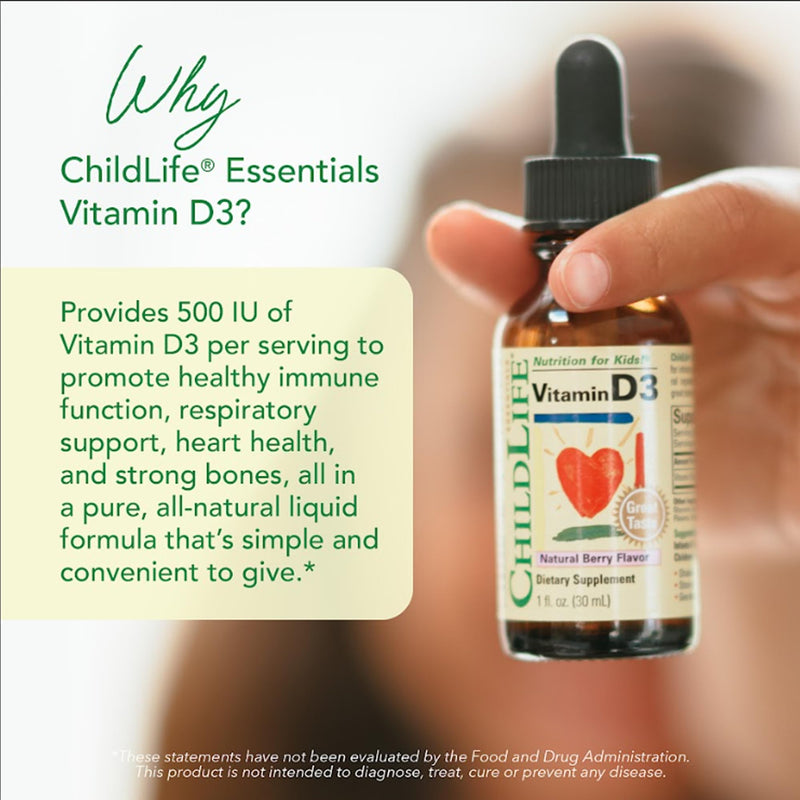 CHILDLIFE ESSENTIALS Baby Vitamin D3 Drops, Berry, 1 Fl Oz (Pack of 1) | Infants, Children, Toddlers, Vitamin D Drops, 500 IU per Serving, Immune & Bone Health Support, Natural Berry Flavor 1 Fl Oz (Pack of 1)