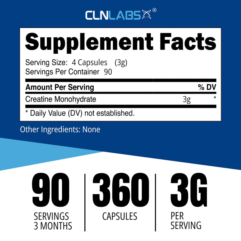 CLN Labs Creatine Monohydrate Capsules | 360 Capsules | 3000mg per Serving | 3 Months Supply | Easy Swallow Compared to Tablets | Unflavoured | Made in the UK