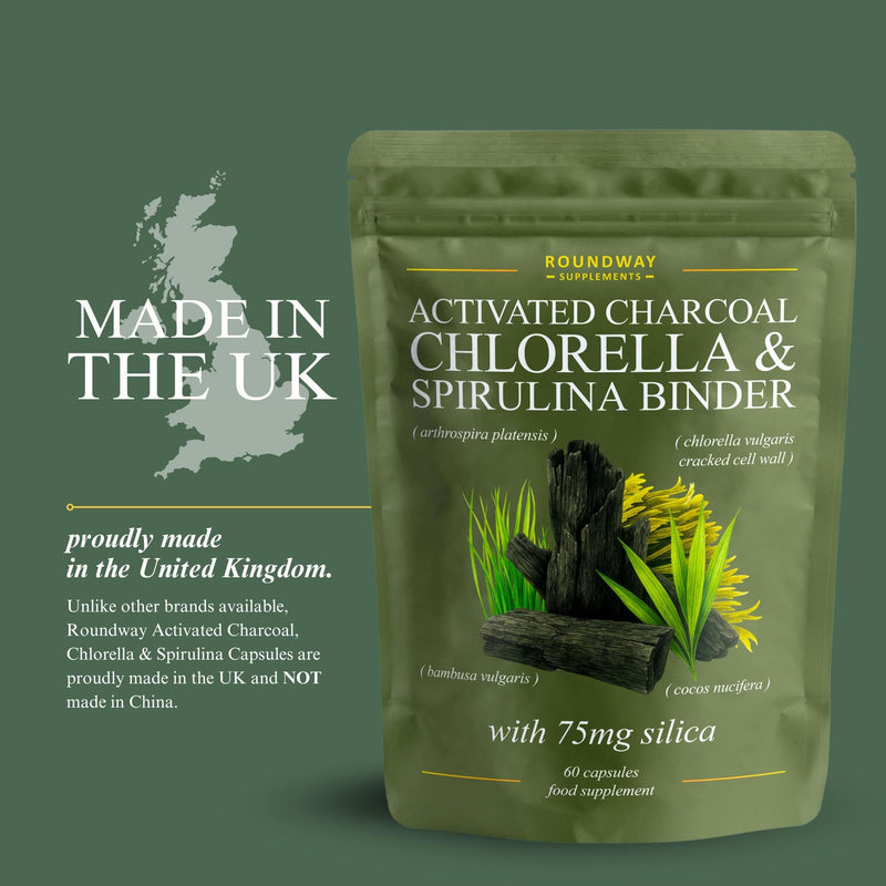 Binder & Detox Supplement with Activated Charcoal, Chlorella, Spirulina & Silica. Advanced Full Spectrum Binder for Cleanse & Detox | 60 Capsules | Made in The UK by Roundway Supplements