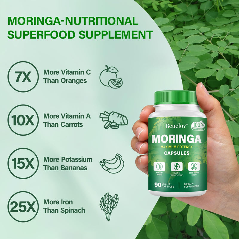 Moringa Capsules | 800mg Pure Moringa Powder Capsules – Supports Energy, Skin & Gut Health, Immune System – Green Superfood with Vitamins & Amino Acids (90 Caps) 90 Count (Pack of 1)