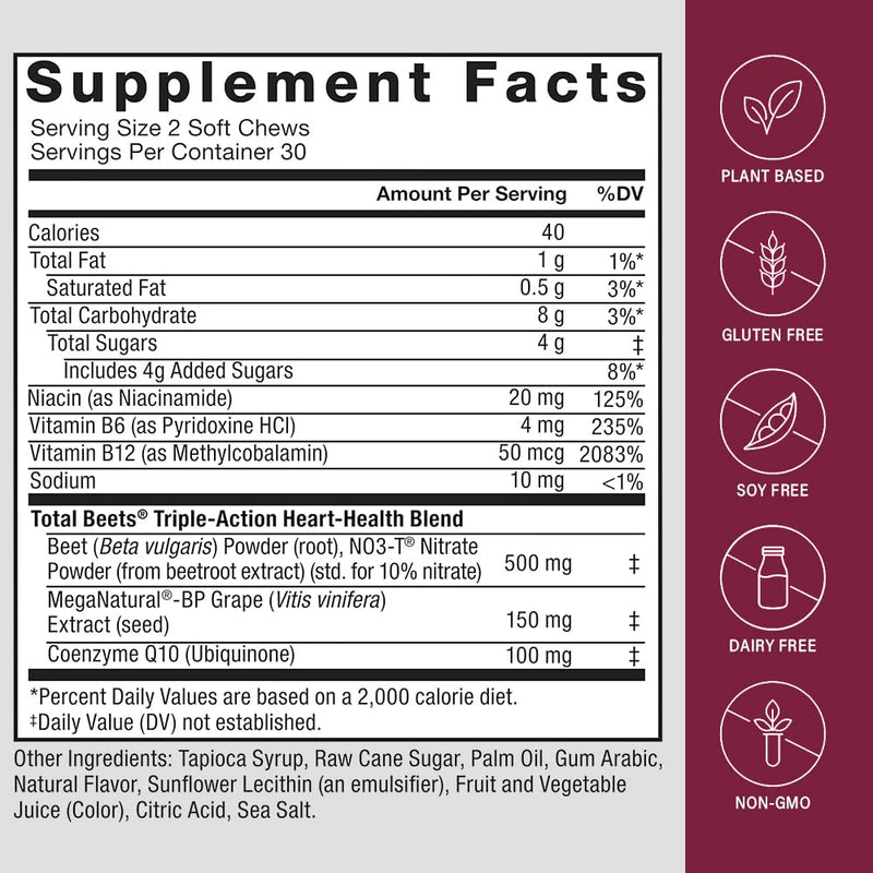 Beets Ultimate Heart Health Chews for Blood Pressure Support, with Beetroot Powder, CoQ10, B Vitamins & Grapeseed, Pomegranate Berry, 60 Soft Chews