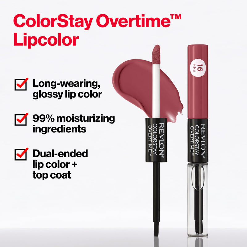 Revlon ColorStay Overtime Lipcolor, 080 Keep Blushing, 0.07 fl oz | Dual-ended liquid lipstick with clear lip gloss. Moisturizing ingredients. Won't smudge, bleed or feather. 0.07 Fl Oz (Pack of 1)