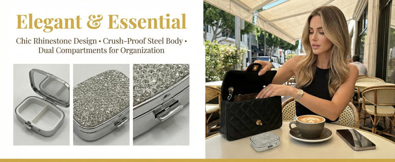 Metal Pill Organizer with Rhinestone, Portable Crush-Proof Medicine Box, Double-Layer Travel Pill Case for Vitamins, Supplements, Small Hard Container for Pocket White