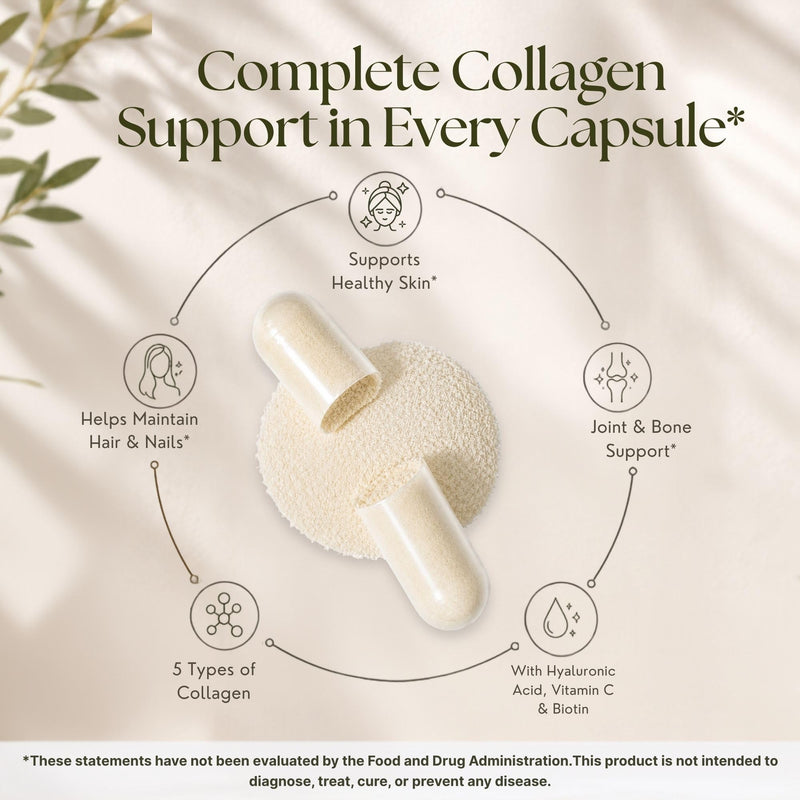 Vitamatic Multi Collagen Peptides Complex with Hyaluronic Acid, Vitamin C & Biotin, Types I, II, III, V & X Collagen, 240 Capsules, Non-GMO, Made in USA