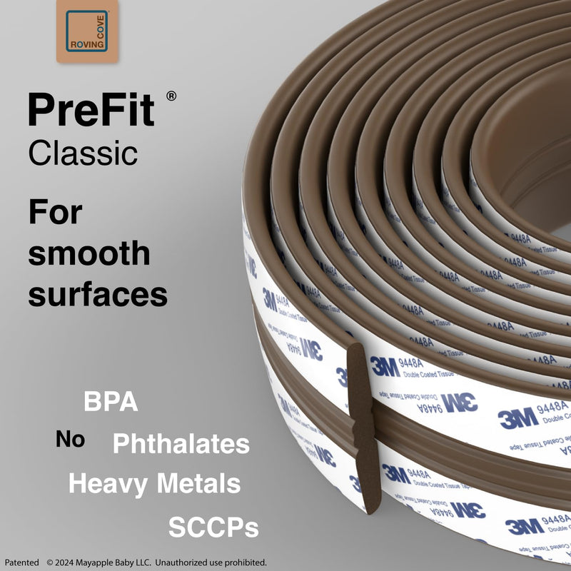 [Australia] - Roving Cove PreFit (Classic) Furniture Edge Corner Protector (Standard 15ft Edge 4 Corners), Baby Proofing Bumper Guards, Coffee Brown, Pre-Taped, for Straight Smooth Surfaces Classic 15ft Edge 4 Corners 