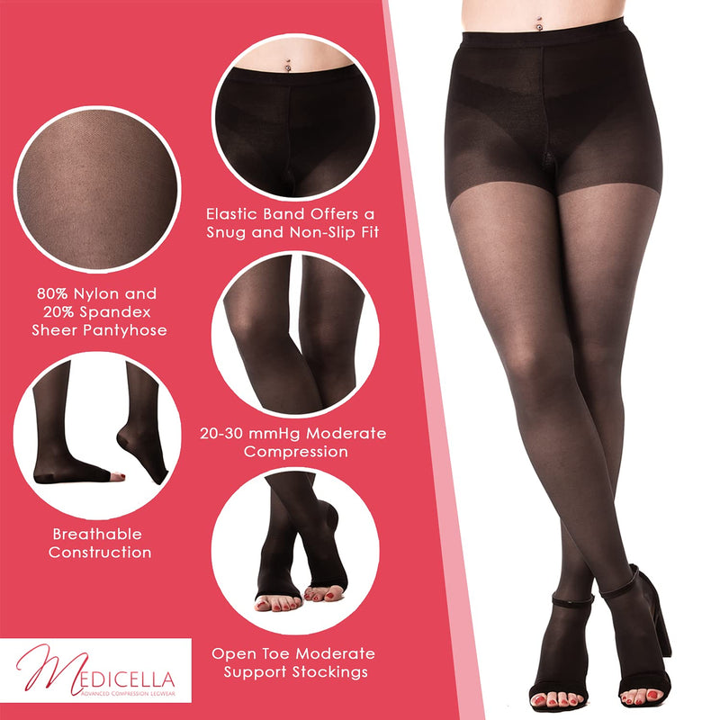 [Australia] - Open Toe Compression Pantyhose for Women 20-30 mmHg Made in USA Medical Quality Waist Sheer Stocking Circulation Travel & Daily Wear(2X-Large, Black) XX-Large 