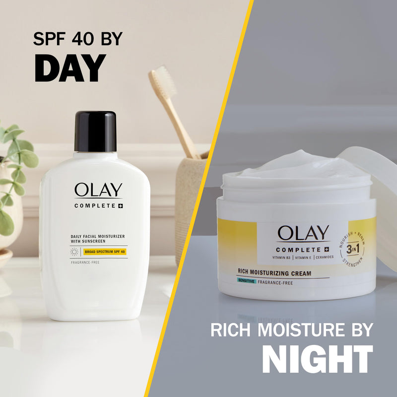 Olay Face Moisturizer, Complete+ Rich Moisturizing Cream - Fragrance-Free, Gentle for Dry & Sensitive Skin, 3-in-1 Hydrating to Strengthen, Nourish, Renew - Niacinamide, Vitamin E, & Ceramides, 8.5 oz 8.5 Fl Oz (Pack of 1)