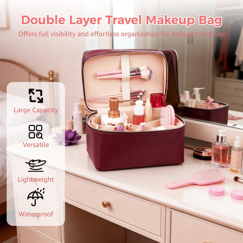 Makeup Vanity Bag for Women - Large Capacity Cosmetic Organizer with Removable Liner, Waterproof PU Leather Skincare Bag, Portable Chic Cosmetic Make Up Case for Skincare, Accessories,StyleC, Burgundy StyleC