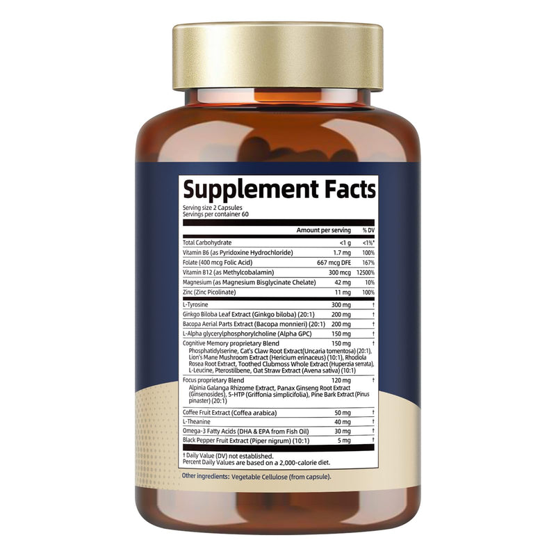 25 in 1 Brain Supplements for Memory and Focus & Neuro Health - Daily Brain Nootropic Cognitive Supplement with L-Tyrosine, Bacopa Monnieri, Ginkgo Biloba, Alpha GPC - Non-GMO, Gluten Free