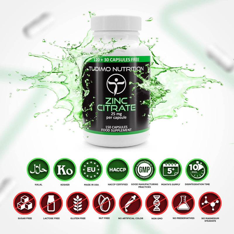 Zinc Citrate 25mg Capsules - 150 pcs (5 Month Supply) of Rapidly Disintegrating Capsules, Each with 25 mg of Premium Quality Zinc Powder