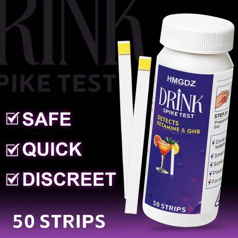 Drink Spike Test Strips - 50 Strips, GHB and Ketamine Detector, Ensures Drink Safety, 10-Second Results.Beverage, Wine, Cocktail, Beer, Juice, Water etc Black