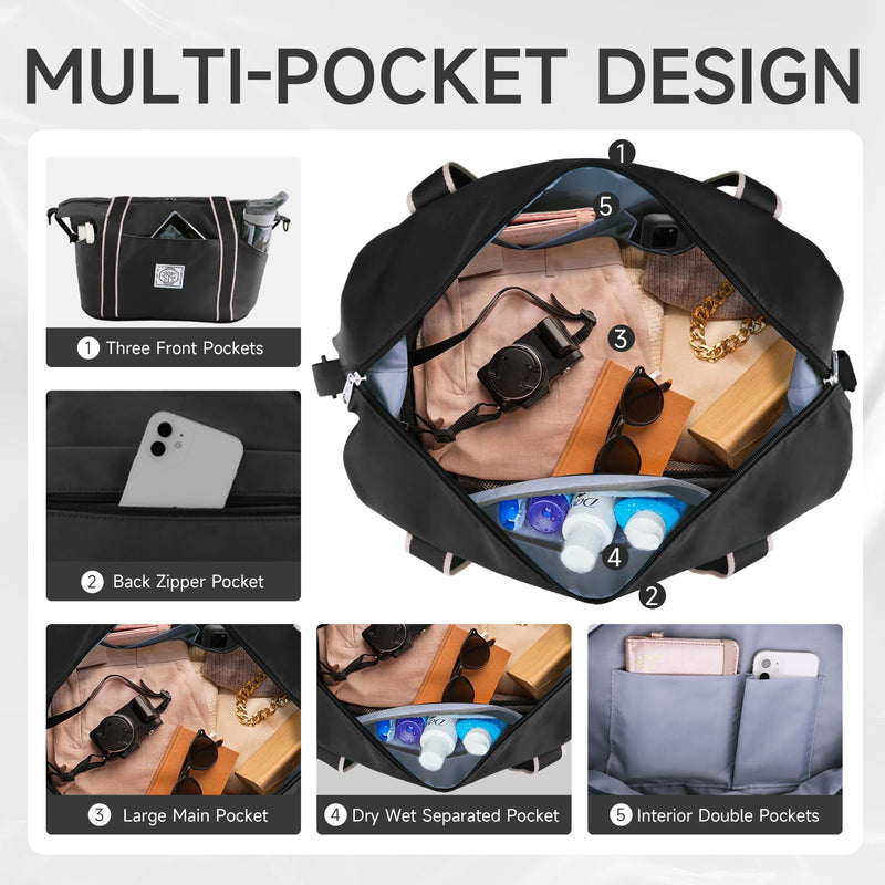 WALNEW Travel Duffel Bag, Weekender Overnight Carry On Bag for Women Men, Foldable Waterproof Gym Luggage with Metal Buckle Detachable Shoulder Strap and Wet Compartment (Black) | Overnight Carry On Bag, Foldable Waterproof Gym Luggage with Metal Buckl...