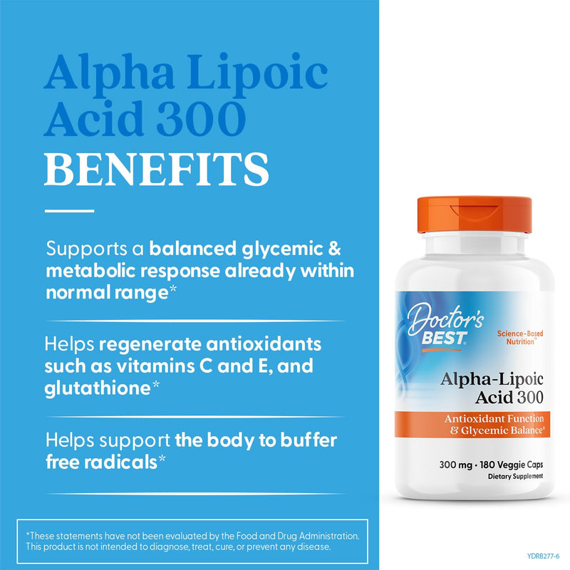 [Australia] - Doctor's Best Alpha-Lipoic Acid 300, Supports Antioxidant Function & Glycemic Balances, Non-GMO, Gluten Free, Vegan, Soy Free, 300 mg, 180 Veggie Caps 180 Count (Pack of 1) 