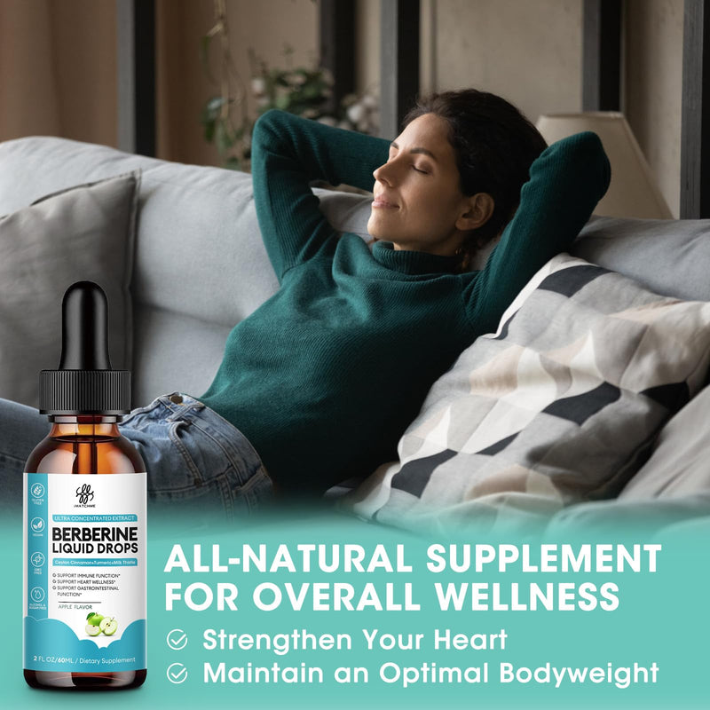[Australia] - Berberine HCL 1200mg, 6-in-1 Berberine Complex Liquid drop for Cardiovascular Care & Body Management, Berberine with Ceylon Cinnamon, Antioxidant & Heart Health Support, Apple Flavor, 2 Fl Oz 