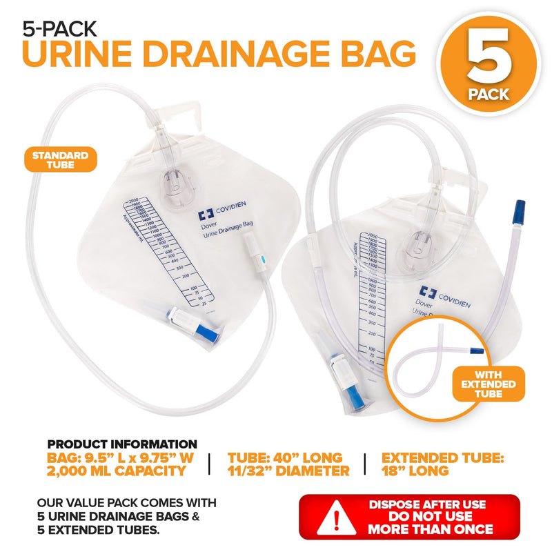 [Australia] - Urine Drainage Bag with 18” Extended Tube (5 Pack) - Urine Bag with Anti-Reflux Chamber with Splash-Resistant Drain Spout - 2000 mL Vinyl Urine Bags for Men - 40" Tube Drainage - Stock Your Home 5 Pack 