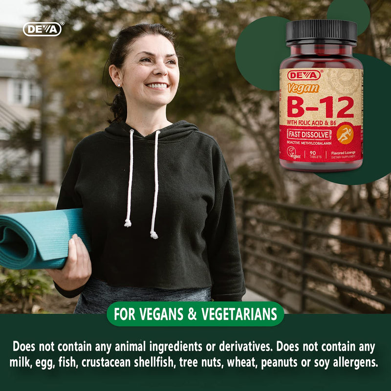 Deva Vegan Vitamins B-12 1000mcg with Folic Acid & B-6, Supports Nervous System, Healthy Brain Function & Energy Production, Fast Dissolve, 90 Tablets 90 Count (Pack of 1)