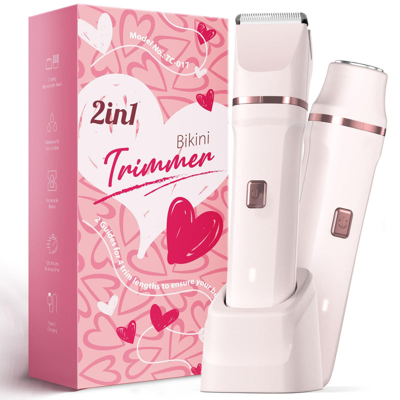 [Australia] - Bikini Trimmer for Women - Painless Electric Razors for Silk Skin,Cordless Body Shaver for Trip,Replaceable Lady Facial Razor, IPX7 Waterproof&Easy Cleaning, Ceramic Blade, USB Charge Dock Pink 2-in-1 Pink 