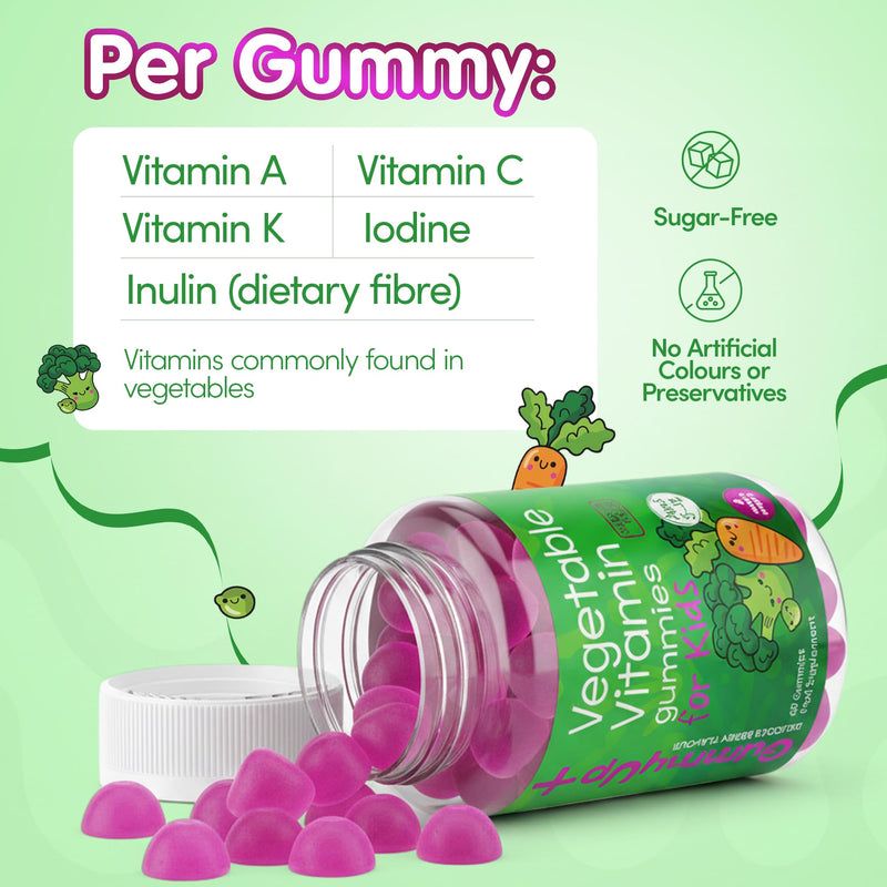 Kids 11-in-1 Vegetable Gummies | Daily Veg + Fibre | 2-Month Supply | Ages 5–12 | Sugar-Free Vegan | with Vitamins & Minerals | GummyUp+