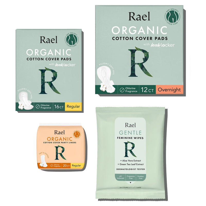 Rael Feminine Care, Period Essential for Women - Organic Cotton Cover Regular & Overnight Pads for Women, Regular Panty Liners and Feminine Wipes