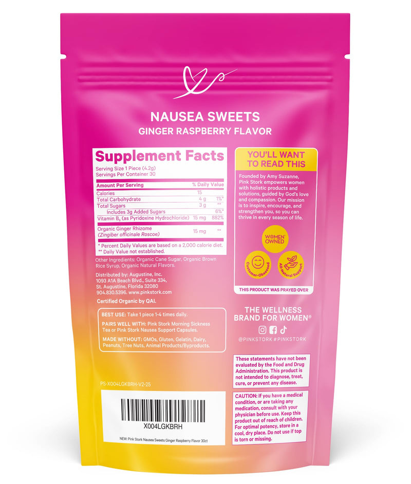 Pink Stork Organic Ginger Raspberry Sweets with Vitamin B6, 30 Candies | Morning Sickness & Motion Sickness, Added Ginger & Vitamin B6, 1st Trimester Pregnancy Must Haves, Wrapped Candies Raspberry Ginger