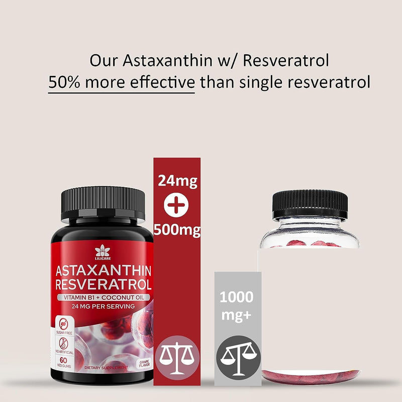 [Australia] - Sugar-Free Astaxanthin 24mg Gummies with Resveratrol, Vitamin B1, Coconut Oil - Powerful Antioxidants Supplement for Men & Women Healthy Aging, Skin, Eyes, Joints, Immune - Vegan, Non-GMO 120 Servings 60 Count (Pack of 2) 
