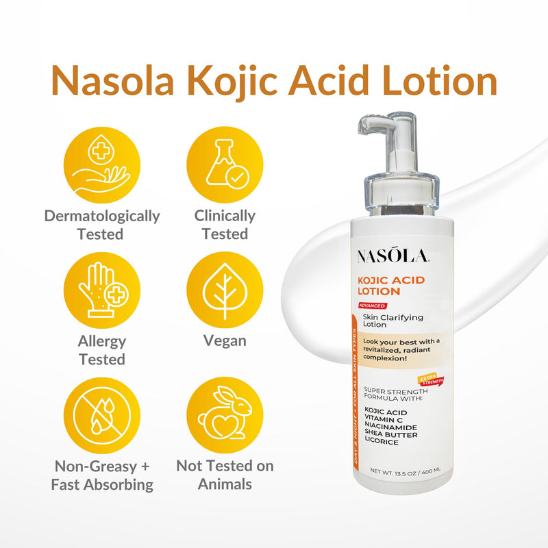 Nasola Kojic Acid Lotion Natural Skin Clarifying for Face & Body with Vitamin C, Niacinamide, Shea Butter, Licorice & Green Tea for Complexion Revitalization, Body Lotion Women & Men 13.5 Fl Oz (Pack of 1)