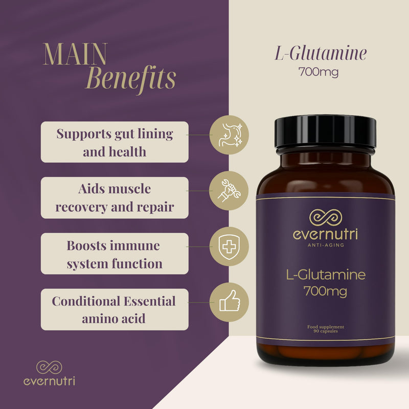 L-Glutamine 700mg – Amino Acid Supplement – Gut & Muscle Support – 90 Vegetarian Capsules