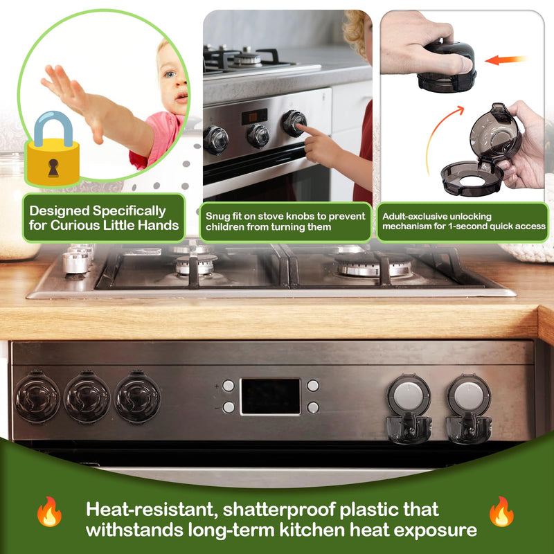 [Australia] - Stove Knob Safety Covers 5-Pack - Childproof & Pet Proof Locks for Gas/Electric Ovens, Heat-Resistant Clear Guards, Easy Damage-Free Install (Transparent Black) Transparent Black 