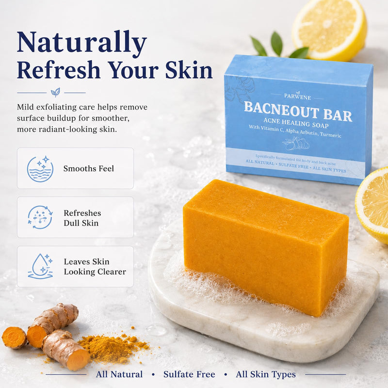 BacneOut Bar, Acne Healing Soap with Turmeric Vitamin C & Alphaarbutin, Natural Exfoliating Cleanser for Back, Face, Chest, Shoulders (2) 2