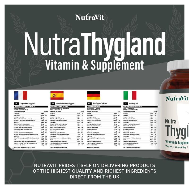 NutraThygland - Supports Normal Thyroid Function - with Selenium, L-Tyrosine, Iodine & Ashwagandha, Vitamin B2, B6, B12 & Iron - Improve Energy Levels - NutraVit, 30 Tablets