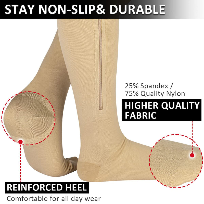 [Australia] - Ailaka Zipper Compression Socks Medical, 15-20 mmHg Knee High Compression Socks for Men Women, Close Toe Support Socks for Varicose Veins, Edema, Recovery, Pregnant, Nurse(Beige, X-Large) X-Large (1 Pair) Beige 