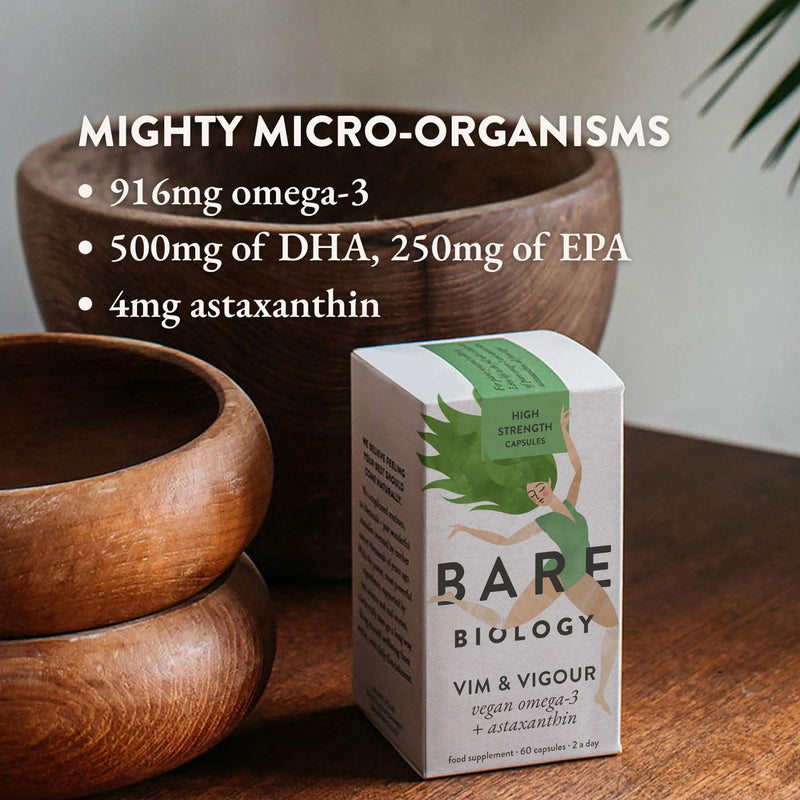 Bare Biology High Strength Omega 3 Algae Oil Capsules - EPA 250mg DHA 500mg - Pure Plant-Sourced, No Fish + Astaxanthin (30 Servings) Independently Tested for Purity