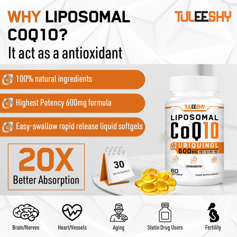 Liposomal CoQ10 Ubiquinol 600mg - High Potency, Superior Absorption for Advanced Heart and Energy Support - 60 Easy-to-Swallow Softgels (60 Count (Pack of 2)) 60 count (Pack of 2)