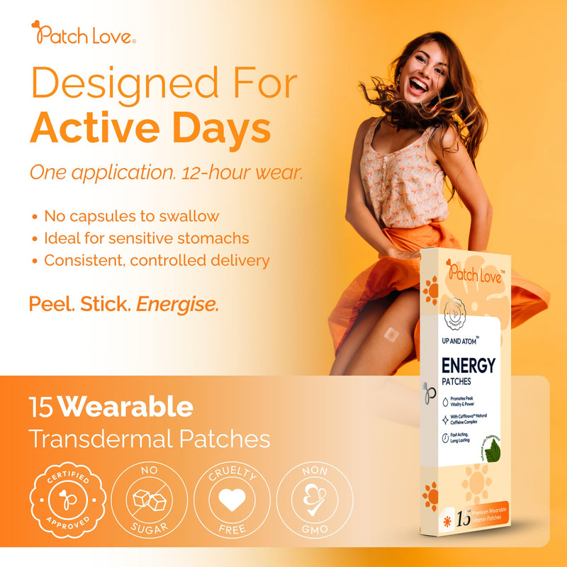 Energy Patches with Caffeine for Daily Energy Support - Wearable Energy Patch with Green Tea, Taurine & B Vitamins - No Crash Energy - Transdermal Daily Patch - Vegan - 15 Patches - Made in UK