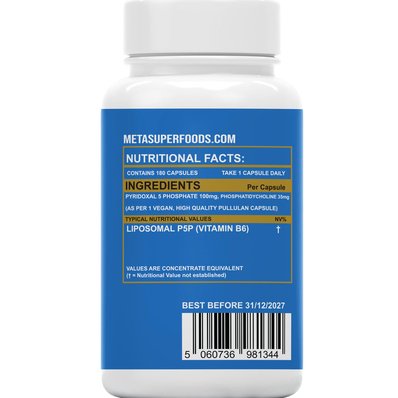 P5P Vitamin B6 (Pyridoxal 5 Phosphate) 100 mg per Capsule | 180 High Strength Capsules | 6 Months Supply - 1 A Day | Active Form of Vitamin B6 | Vegan | Non GMO| UK Company