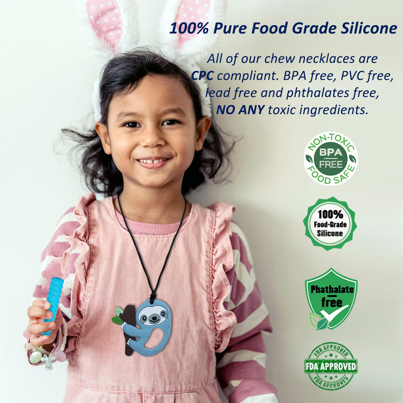 [Australia] - Chew Necklaces for Sensory Kids Boys Girls, 6 Pack Chewy Necklace Sensory Toys for Kids with Autism, Silicone Oral Motor Aids Chew Toys for Children Adults Reduce Fidgeting Blue Sloth 