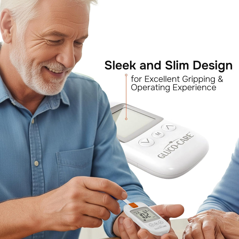 [Australia] - Gluco-Care Glucose Monitor Kit - Sleek White Design, Clear Display, Auto Calibration, Glucometer Kit with Strips and Lancets, 5 Sec Results, 500 Memory, Travel Case, 1 Lancing Device, Convenient Blood Surgar Testing for Diabetes 