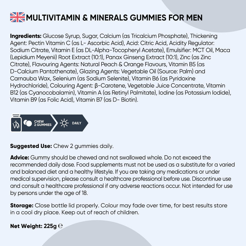 WeightWorld Multivitamin Gummies for Men | 90 Vegan Gummies | with Added Herbal Extracts Like Maca, Panax Ginseng | 8 Multivitamins & 4 Minerals | Mixed Peach & Orange Flavour | Gluten-Free & Non-GMO