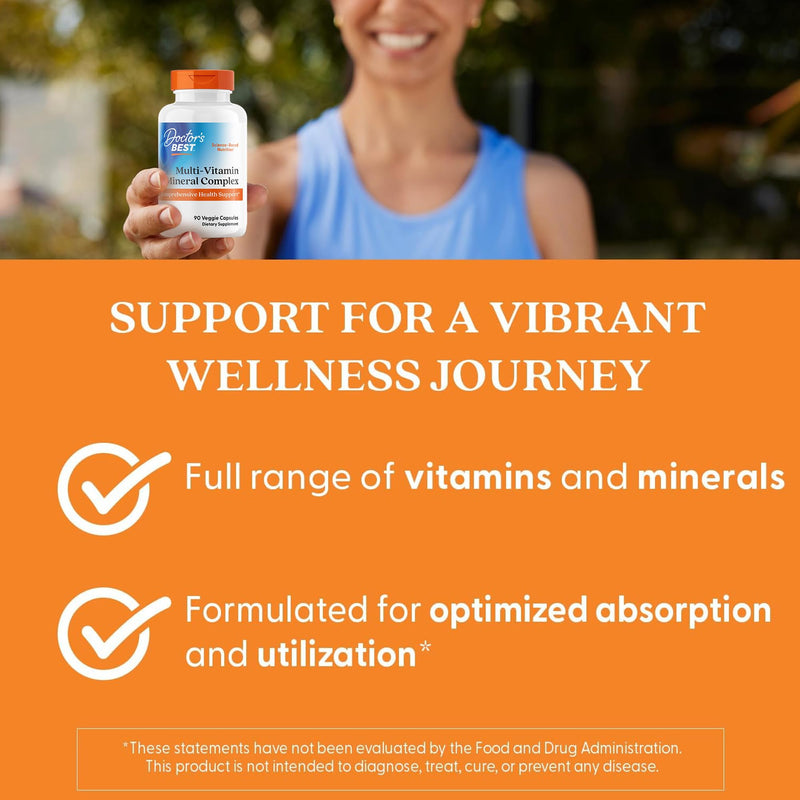 Doctor's Best Multi-Vitamin Mineral Complex - Daily Vegan Multivitamin for Women & Men, Vitamins A, C, D3, E, K2, Riboflavin, & Niacin, Health Support Supplement for Adults, Non-GMO - 90 Veg Capsules 90 Count (Pack of 1)